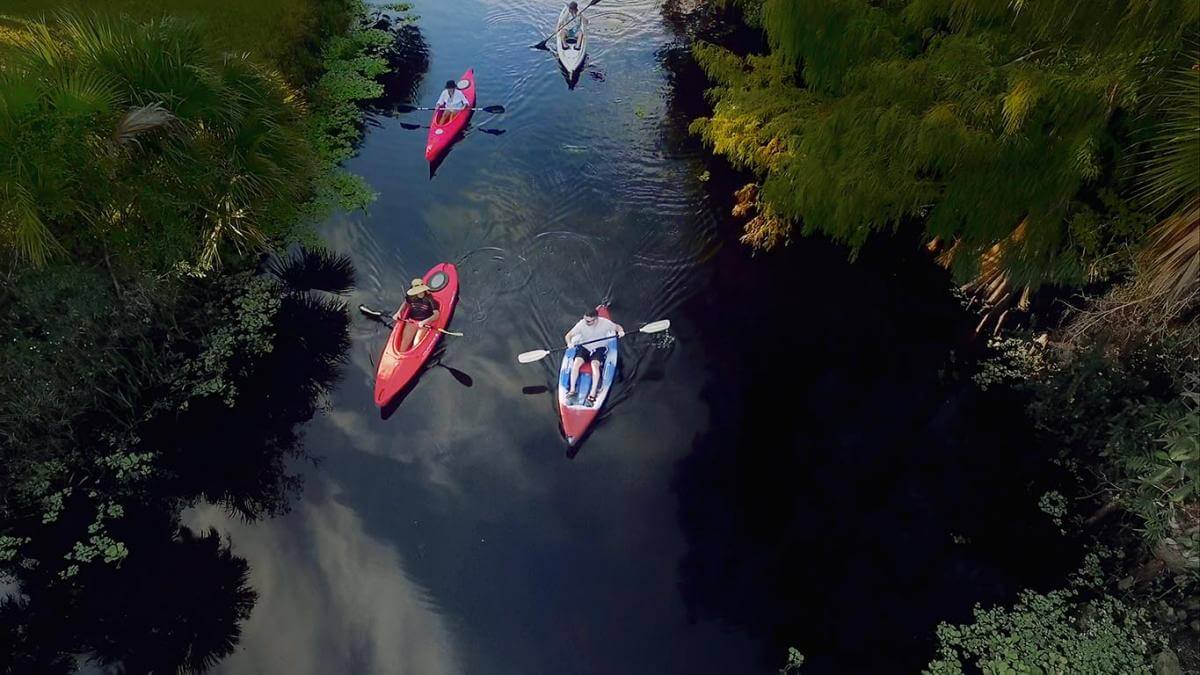 Aerial view of a group of kayakers on a river