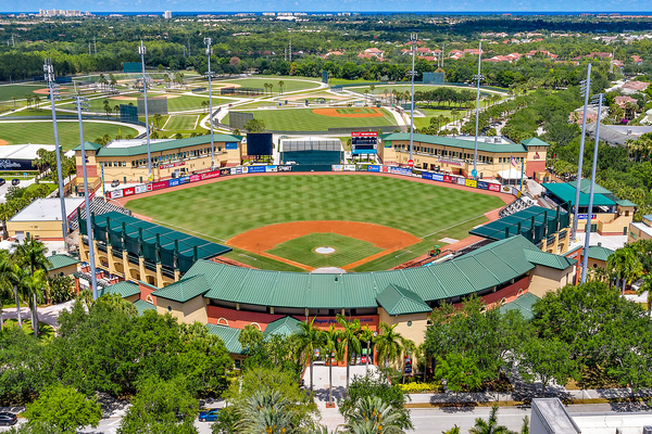 Aerial view of Roger Dean Stadium and surroundings in Jupiter, FL