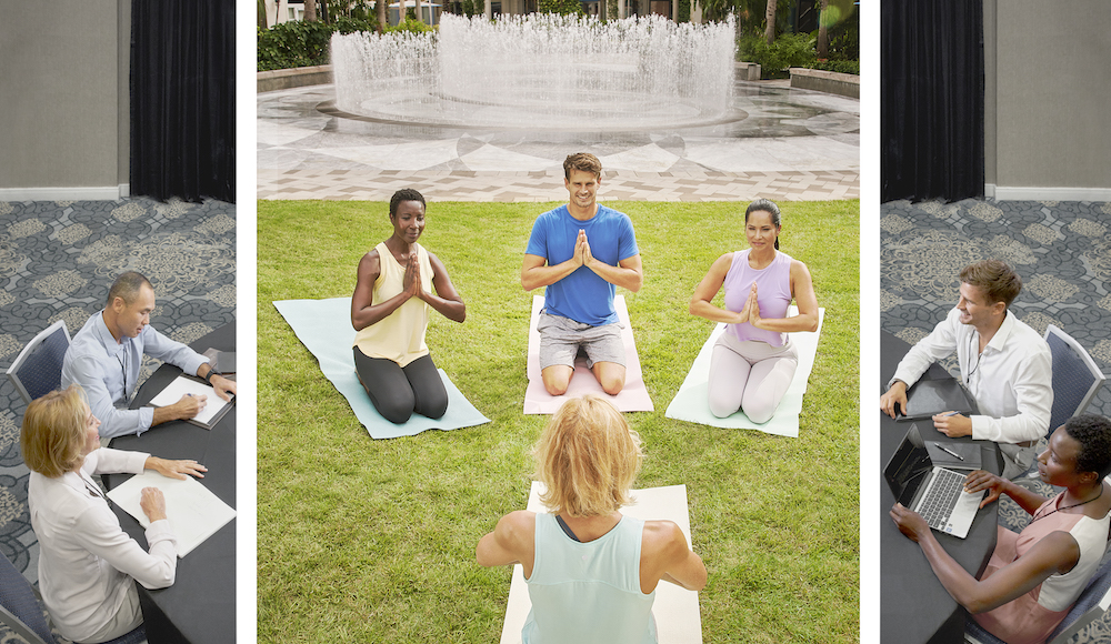 Trio of images with four people doing yoga outside in between people working in a conference room
